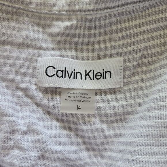 Calvin Klein Maxi Dress Sz 14 Blue Striped Linen Tiered Sleeveless A-Line - Picture 5 of 15